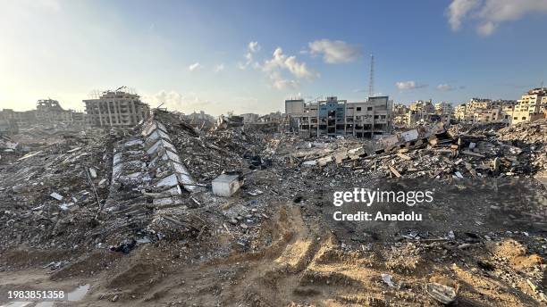 View of the destruction with destroyed buildings and roads after Israeli Forces withdrawn from the areas in Gaza City, Gaza on February 07, 2024....