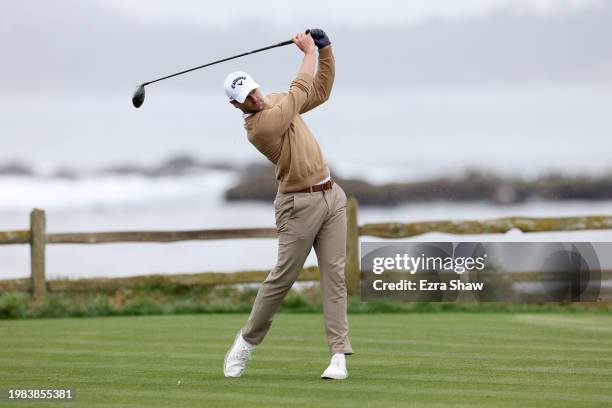 Thomas Detry of Belgium plays his shot from the 18th tee during the AT&T Pebble Beach Pro-Am at Pebble Beach Golf Links on February 03, 2024 in...