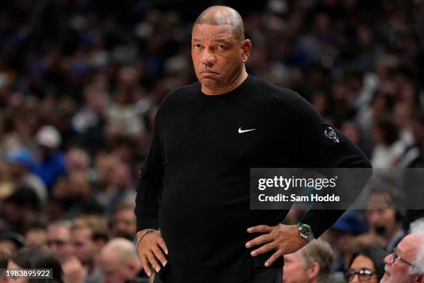 Head coach Doc Rivers of the Milwaukee Bucks watches play during the first half of the game against the Dallas Mavericks at American Airlines Center...