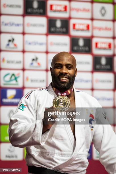 Teddy Riner of France shows his gold medal during the Men's +100kg 2024 Judo Grand Slam Paris. The Accor Arena, in Paris, hosted the Paris Grand Slam...