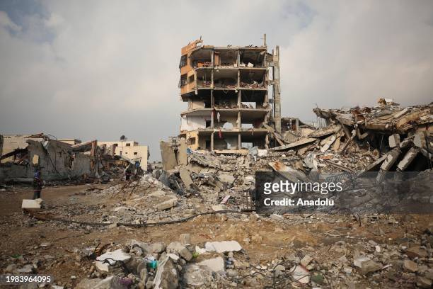 View of the demolition as the Palestinians return to their neighbourhood to search for their belongings at the Shuja'iyya district after Israeli...