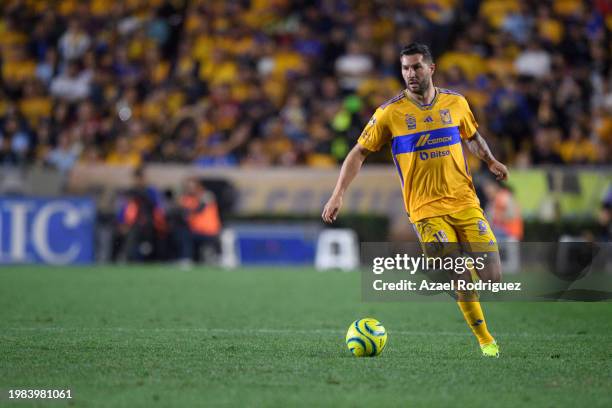 Andre-Pierre Gignac of Tigres drives the ball during the 5th round match between Tigres UANL and Pumas UNAM as part of the Torneo Clausura 2024 Liga...