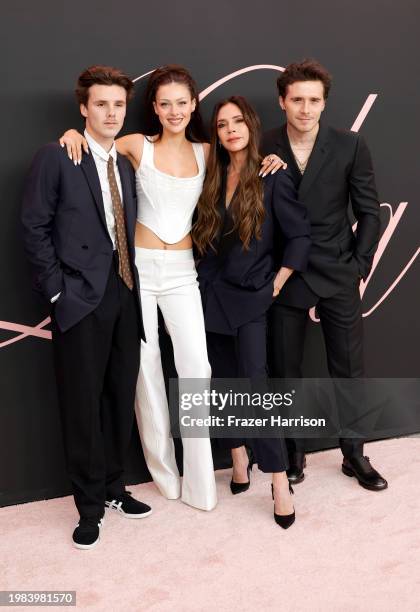 Cruz Beckham, Nicola Peltz Beckham, Victoria Beckham and Brooklyn Peltz Beckham attend the premiere of "Lola" at Regency Bruin Theatre on February...