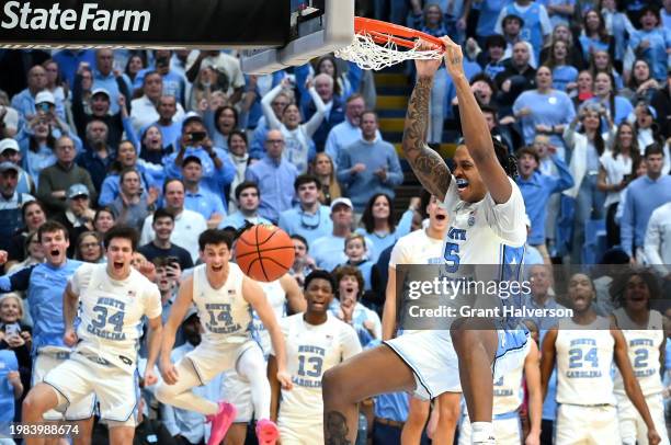 Armando Bacot of the North Carolina Tar Heels dunks during the closing seconds of a win against the Duke Blue Devils at the Dean E. Smith Center on...