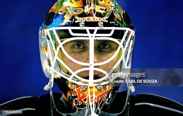 Anaheim Ducks goaltender Ilya Bryzgalov looks out during training 28 September 2007 at the O2 Arena in London. The Ducks were training ahead of their...