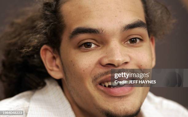 Joakim Noah, the first round draft pick of the Chicago Bulls, addresses the media 02 July 2007 at the Chicago Bulls Berto Center practice facility in...