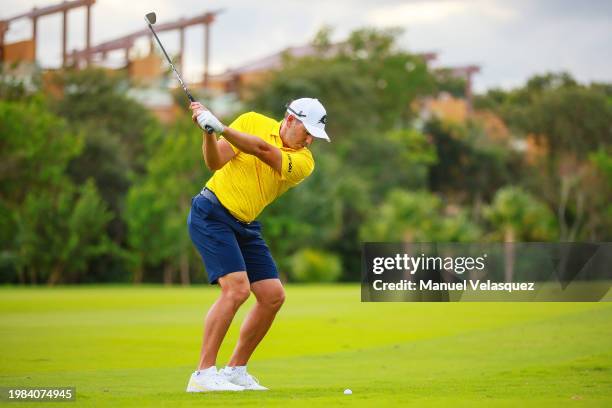 Captain Sergio Garcia of Fireballs GC plays his second shot on the 17th hole during day two of the LIV Golf Invitational - Mayakoba at El Camaleon at...