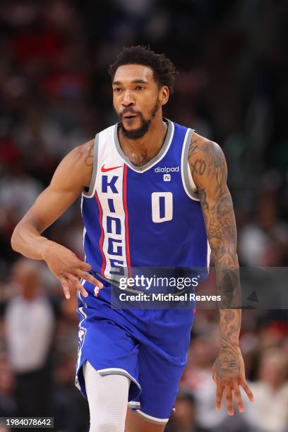 Malik Monk of the Sacramento Kings celebrates a three pointer against the Chicago Bulls during the second half at the United Center on February 03,...