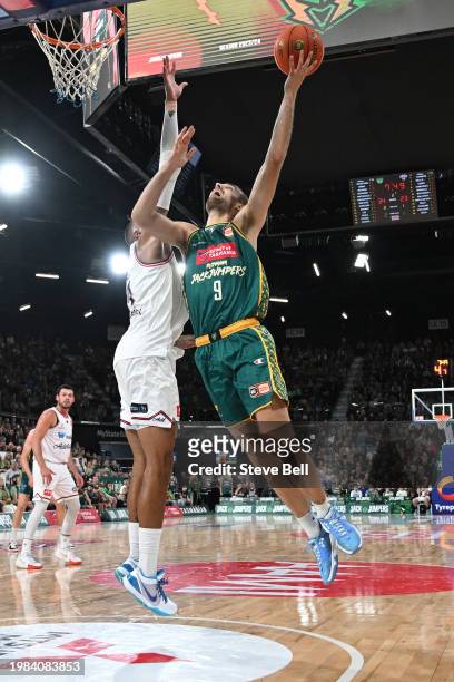 Jack McVeigh of the Jackjumpers drives to the basket during the round 18 NBL match between Tasmania Jackjumpers and Adelaide 36ers at MyState Bank...