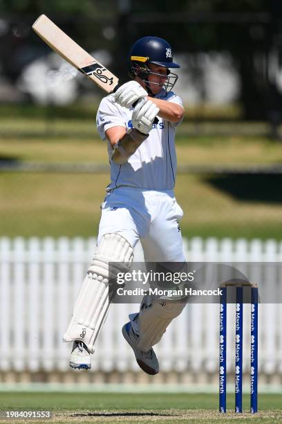 Mitch Perry of Victoria jumps as he bats during the Sheffield Shield match between Victoria and South Australia at CitiPower Centre, on February 04...