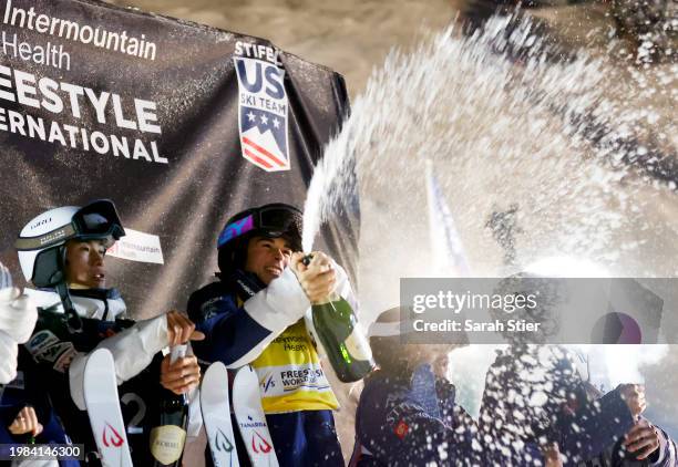 Ikuma Horishima of Team Japan and Jakara Anthony of Team Australia celebrate their first place wins in the Men's and Women's Dual Moguls Competitions...