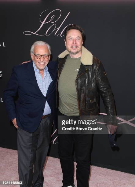 Nelson Peltz and Elon Musk arrives at the Premiere Of "Lola" at Regency Bruin Theatre on February 03, 2024 in Los Angeles, California.