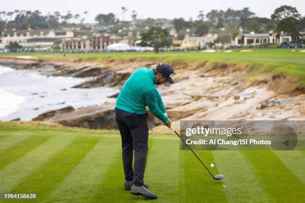 Matthieu Pavon of France tees off on hole during the third round of the 2024 AT&T Pebble Beach Pro-Am at Pebble Beach Golf Links on February 3, 2024...