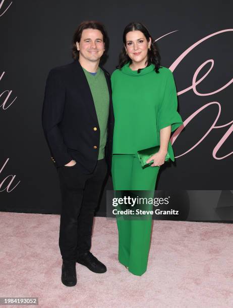 Jason Ritter and Melanie Lynskey arrives at the Premiere Of "Lola" at Regency Bruin Theatre on February 03, 2024 in Los Angeles, California.