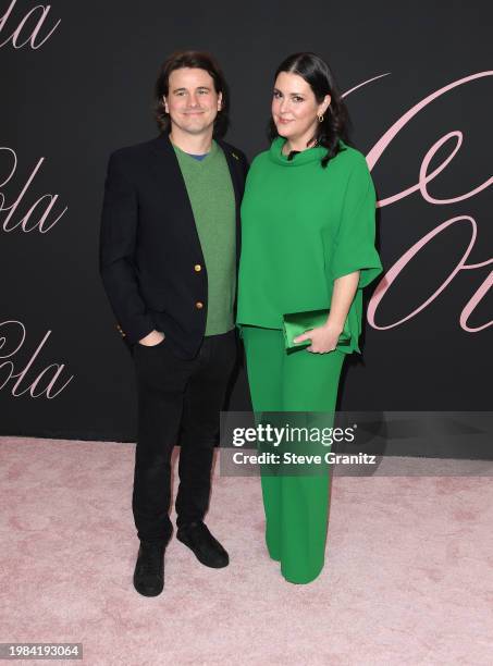 Jason Ritter and Melanie Lynskey arrives at the Premiere Of "Lola" at Regency Bruin Theatre on February 03, 2024 in Los Angeles, California.