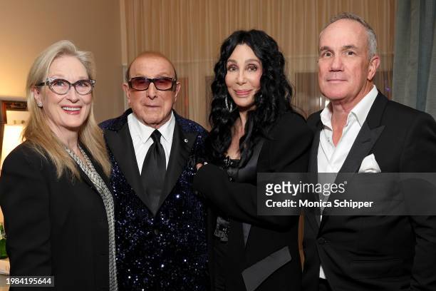 Meryl Streep, Clive Davis, Cher, and Co-Chairman and COO of Warner Records Tom Corson attend the Pre-GRAMMY Gala & GRAMMY Salute to Industry Icons...