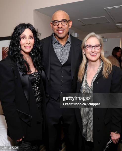 Cher, CEO of the Recording Academy Harvey Mason jr., and Meryl Streep attend the Pre-GRAMMY Gala & GRAMMY Salute to Industry Icons Honoring Jon Platt...