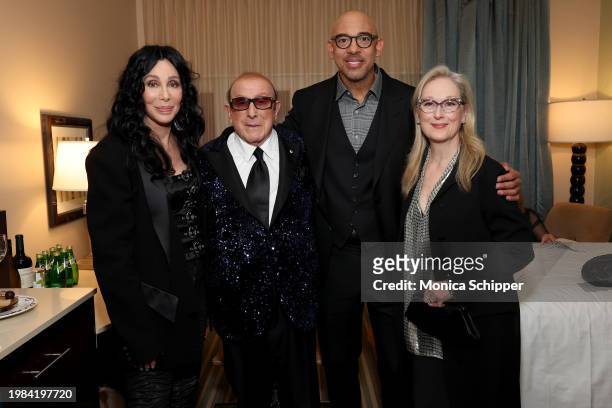 Cher, Clive Davis, CEO of the Recording Academy Harvey Mason jr., and Meryl Streep attend the Pre-GRAMMY Gala & GRAMMY Salute to Industry Icons...