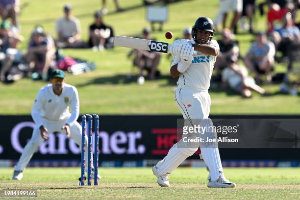 Rachin Ravindra of New Zealand bats during day one of the First Test in the series between New Zealand and South Africa at Bay Oval on February 04,...