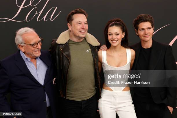 Nelson Peltz, Elon Musk, Nicola Peltz Beckham and Will Peltz attend the premiere of "Lola" at Regency Bruin Theatre on February 03, 2024 in Los...
