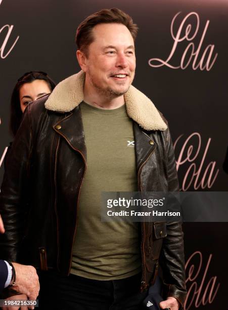 Elon Musk attends the premiere of "Lola" at Regency Bruin Theatre on February 03, 2024 in Los Angeles, California.
