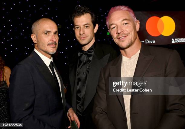 Zane Lowe, Mark Ronson and Diplo attend the Pre-GRAMMY Gala & GRAMMY Salute to Industry Icons Honoring Jon Platt at The Beverly Hilton on February...