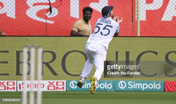 England captain Ben Stokes takes a diving catch to dismiss India batsman Shreyas Iyer during day three of the 2nd Test Match between India and...