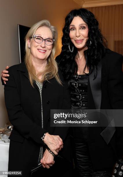 Meryl Streep and Cher attend the Pre-GRAMMY Gala & GRAMMY Salute to Industry Icons Honoring Jon Platt at The Beverly Hilton on February 03, 2024 in...