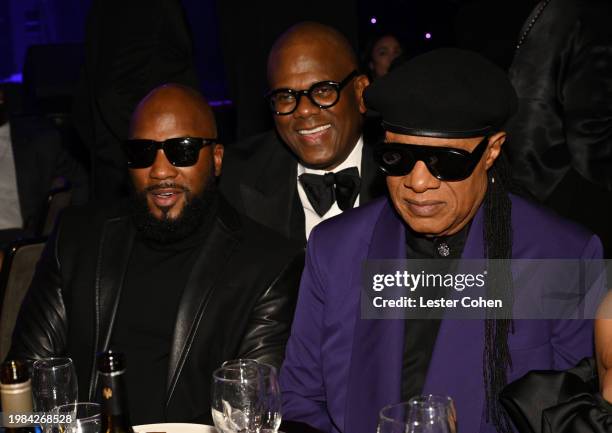 Jeezy, Jon Platt, CEO of Sony Music Publishing, and Stevie Wonder attend the Pre-GRAMMY Gala & GRAMMY Salute to Industry Icons Honoring Jon Platt at...