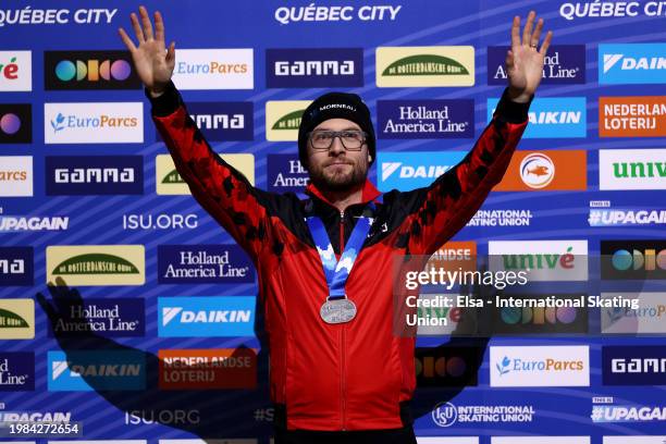 Laurent Dubreuil of Canada celebrates his silver medal in the Men's 500m during the ISU World Cup Speed Skating at Centre de Glaces on February 03,...