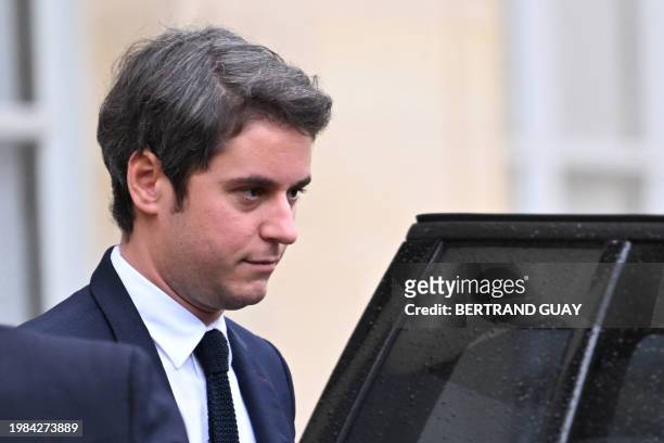 French Prime Minister Gabriel Attal leaves the Elysee palace in Paris after the weekly Cabinet meeting on February 7, 2024.