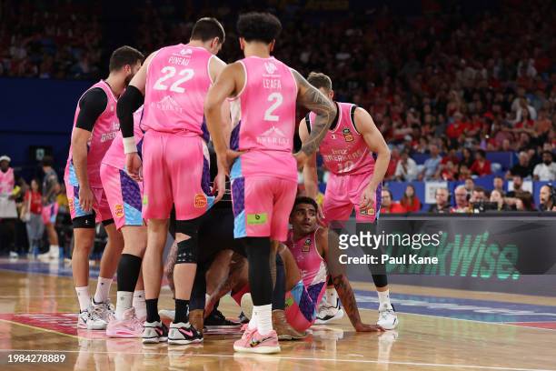 Anthony Lamb of the Breakers looks on after being injured during the round 18 NBL match between Perth Wildcats and New Zealand Breakers at RAC Arena,...