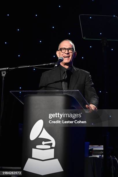 Tom Hanks speaks onstage during the Pre-GRAMMY Gala & GRAMMY Salute to Industry Icons Honoring Jon Platt at The Beverly Hilton on February 03, 2024...