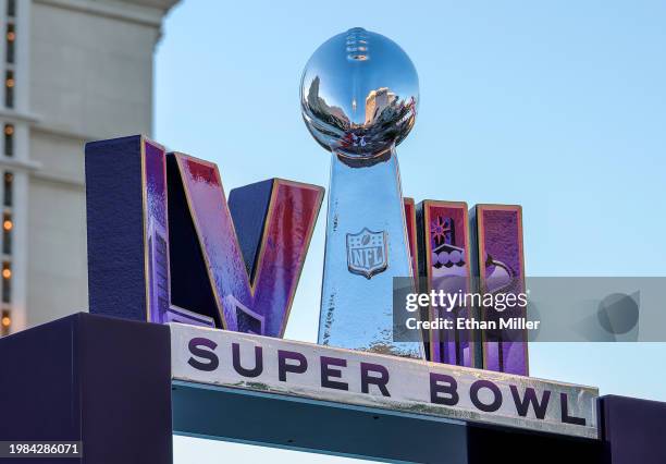 Part of a Super Bowl LVIII display is shown on the Las Vegas Strip in front of Caesars Palace on February 03, 2024 in Las Vegas, Nevada. The game...
