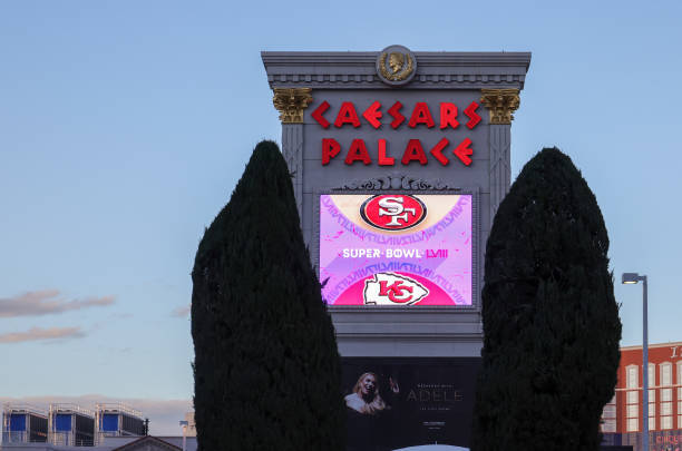 The marquee at Caesars Palace displays Super Bowl LVIII signage on February 03, 2024 in Las Vegas, Nevada. The game will be played on February 11...