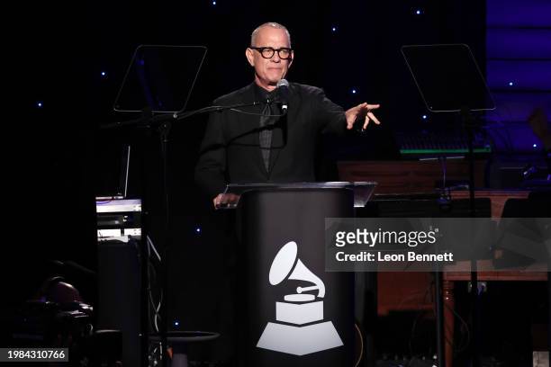 Tom Hanks speaks onstage during the Pre-GRAMMY Gala & GRAMMY Salute to Industry Icons Honoring Jon Platt at The Beverly Hilton on February 03, 2024...