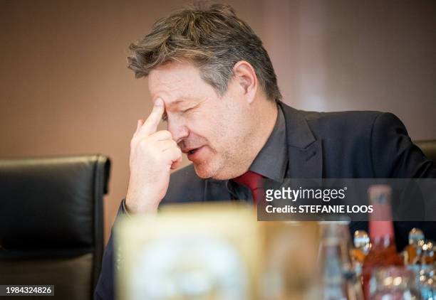 German Minister of Economics and Climate Protection Robert Habeck gestures during a break of the weekly meeting of the German cabinet at the...