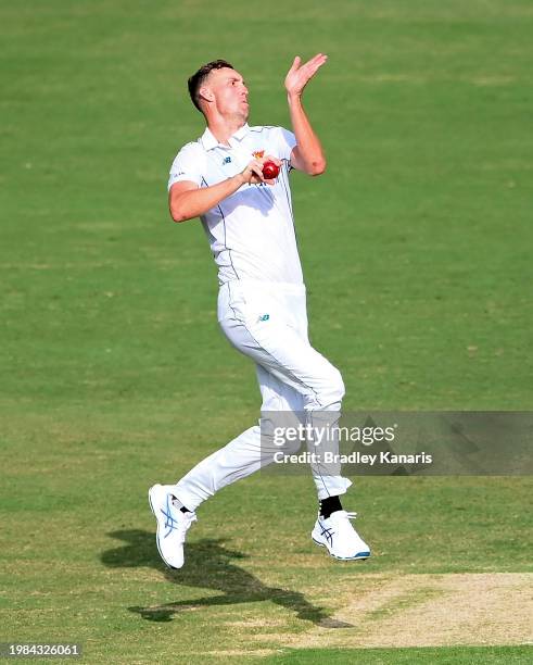 Billy Stanlake of Tasmania bowls during the Sheffield Shield match between Queensland and Tasmania at The Gabba, on February 04 in Brisbane,...