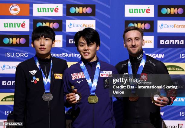Silver medalist Jae-Won Chung of Korea, gold medalist Shomu Sasaki of Japan and bronze medalist Livio Wenger of Switzerland pose with their medals in...