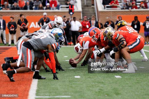 General view off the American Team against the National Team at the line of scrimmage during the 2024 Reese's Senior Bowl at Hancock Whitney Stadium...