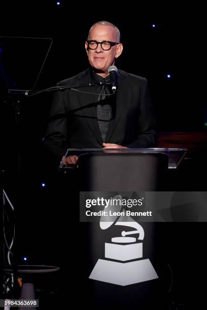 Tom Hanks speaks onstage during the Pre-GRAMMY Gala & GRAMMY Salute to Industry Icons Honoring Jon Platt at The Beverly Hilton on February 03, 2024...