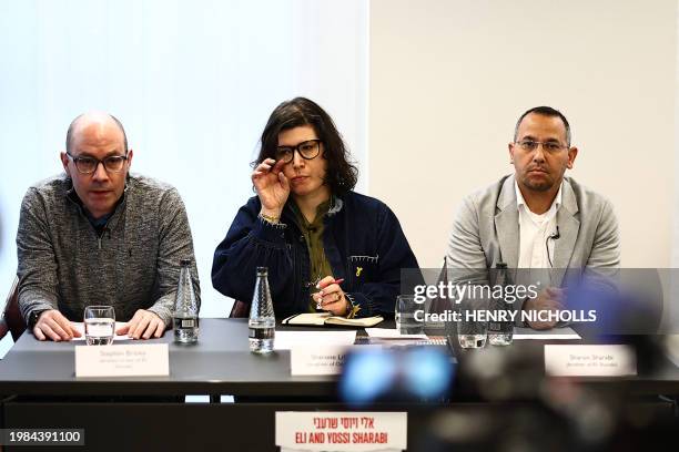 Family members of Israeli hostages held by Palestinian militant group Hamas in Gaza, Stephen Brisley, Sharon Lifshitz and Sharon Sharabi speak during...