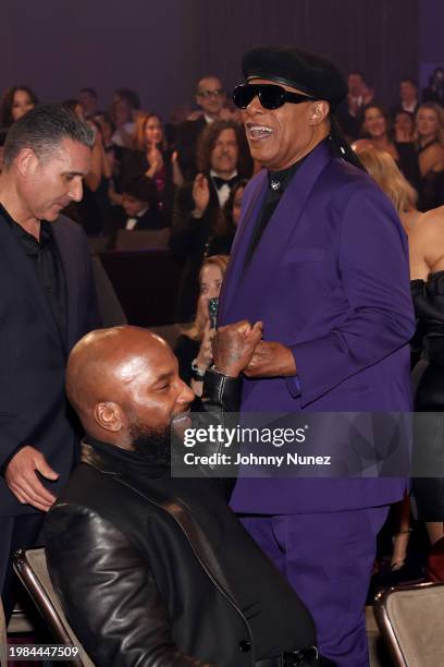 Jeezy and Stevie Wonder attend the Pre-GRAMMY Gala & GRAMMY Salute to Industry Icons Honoring Jon Platt at The Beverly Hilton on February 03, 2024 in...