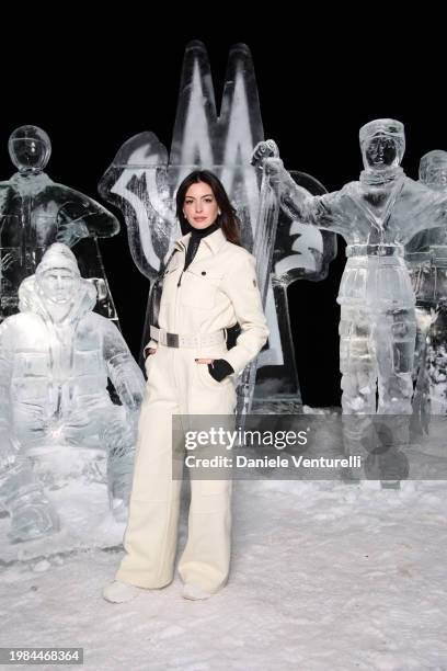 Anne Hathaway attends the Moncler Grenoble Fall Winter 2024 Fashion Show on February 03, 2024 in St Moritz, Switzerland.