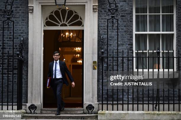 Britain's Prime Minister Rishi Sunak leaves from 10 Downing Street in central London on February 7, 2024 to take part in the weekly session of Prime...