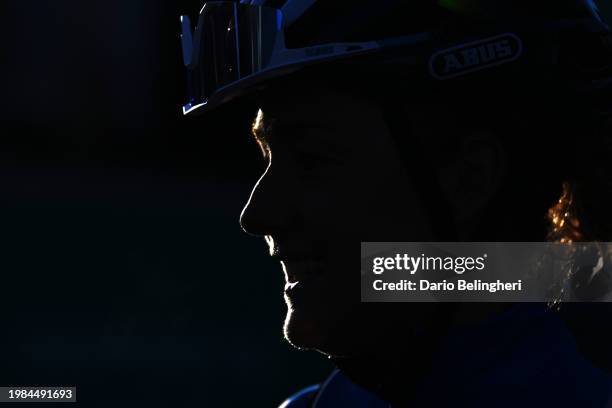 Silhouette of Floortje Mackaij of The Netherlands and Movistar Team meeting the media press prior to the 6th VCV Feminas Gran Premio Tuawa 2024 a...