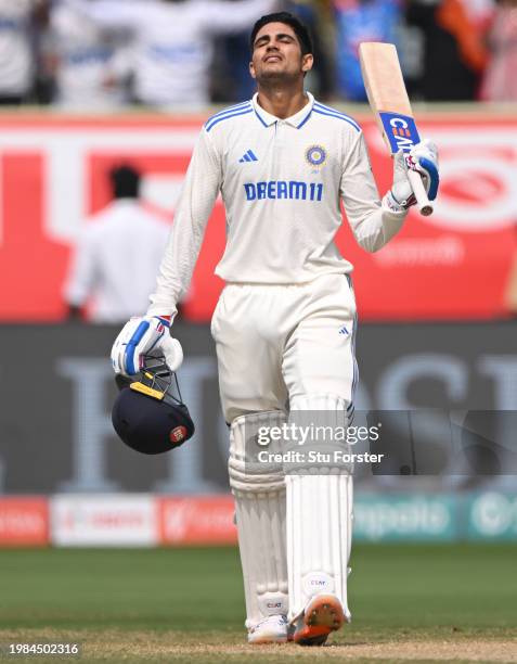 India batsman Shubman Gill celebrates his century during day three of the 2nd Test Match between India and England at ACA-VDCA Stadium on February...