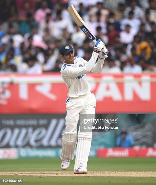 India batsman Shubman Gill hits a six during day three of the 2nd Test Match between India and England at ACA-VDCA Stadium on February 04, 2024 in...