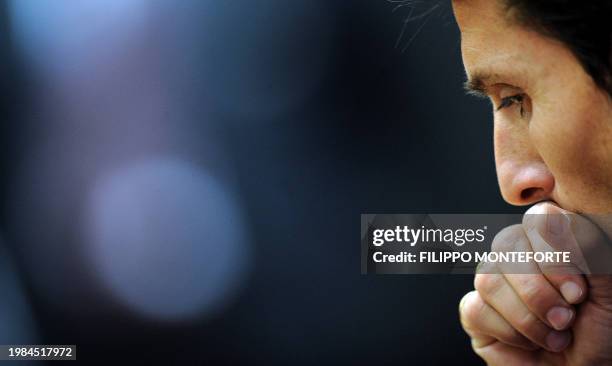 Inter Milan's Argentinian defender and captain Javier Aldemar Zanetti looks towards the ground during the press conference prior to his team's...