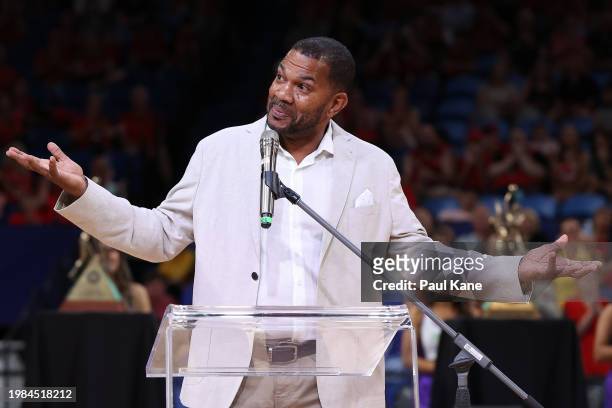 Former Wildcats player Ricky Grace addresses the spectators during the retirement of Damian Martin's playing number following the round 18 NBL match...